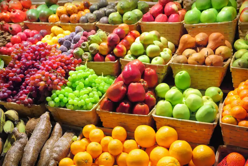Fresh fruit on a fruit stall at a market