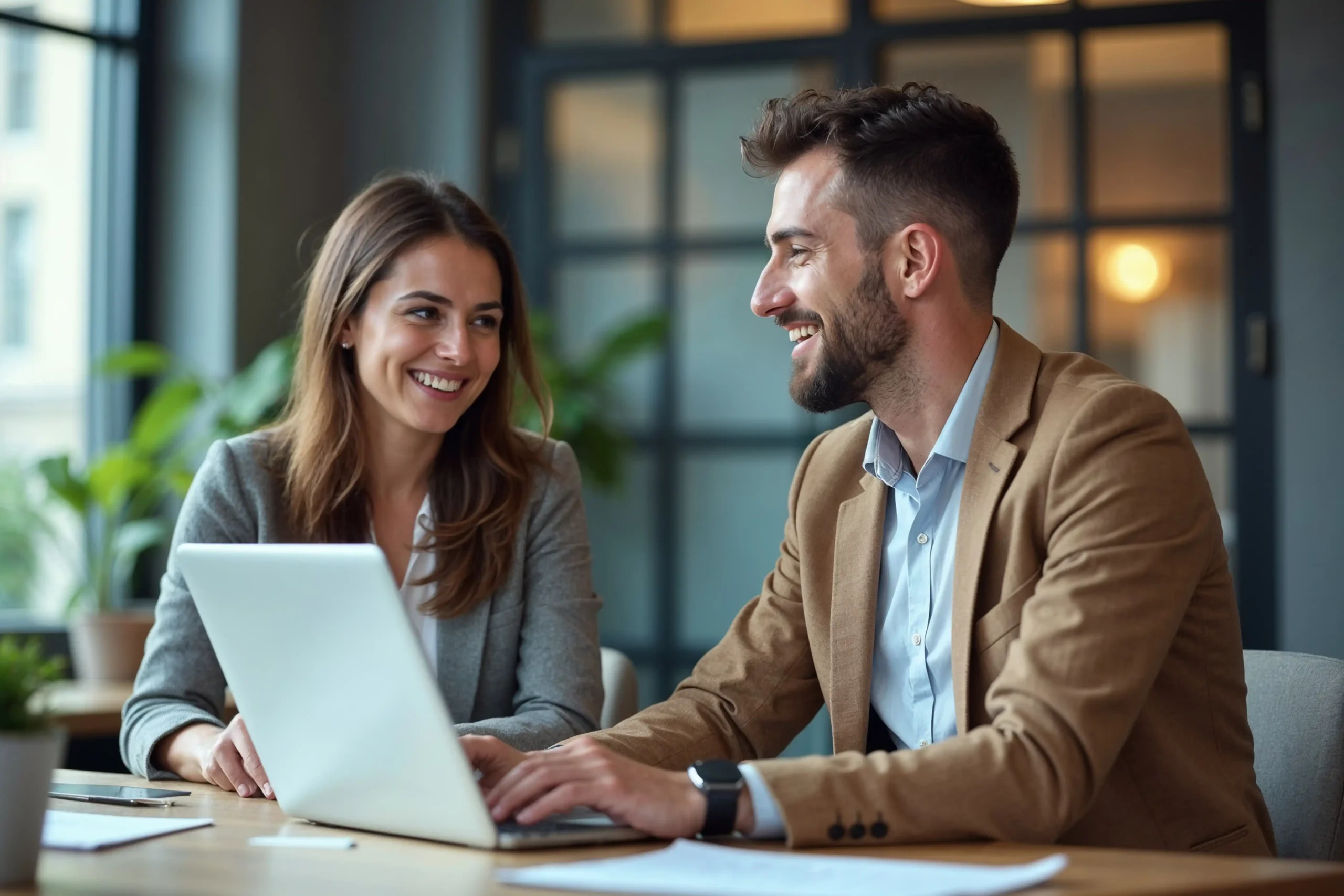 Two office workers in a meeting with a laptop.